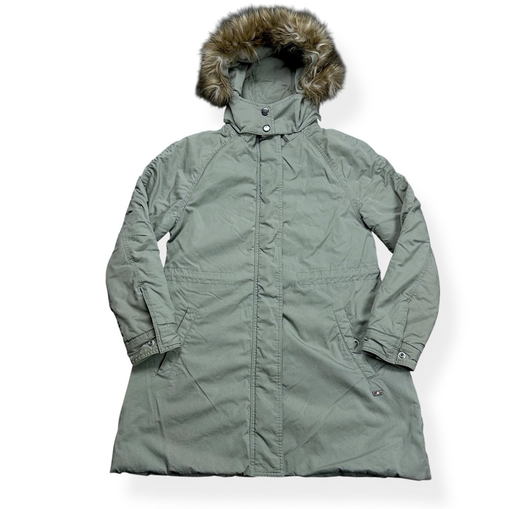 Levi's Parka Jacket Womens Small Green Faux Fur Hooded Paisley Lined Quilted Y2K
